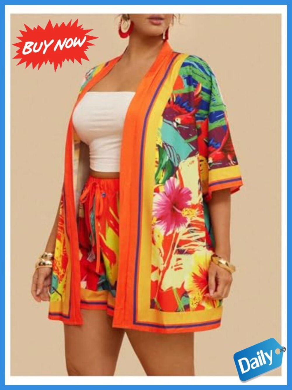 Plus Size 2 Piece Short Set Open Front Top Baggy Shorts Tropical Boho - Picture 2 of 4